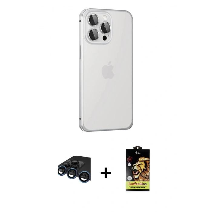 MARSİLYAN™- iPhone 15 Pro Max Kılıf Eksen Form Serisi - Siyah Buffer Cam Ekran Koruyucu + Raze Metal Kamera Lens - LT