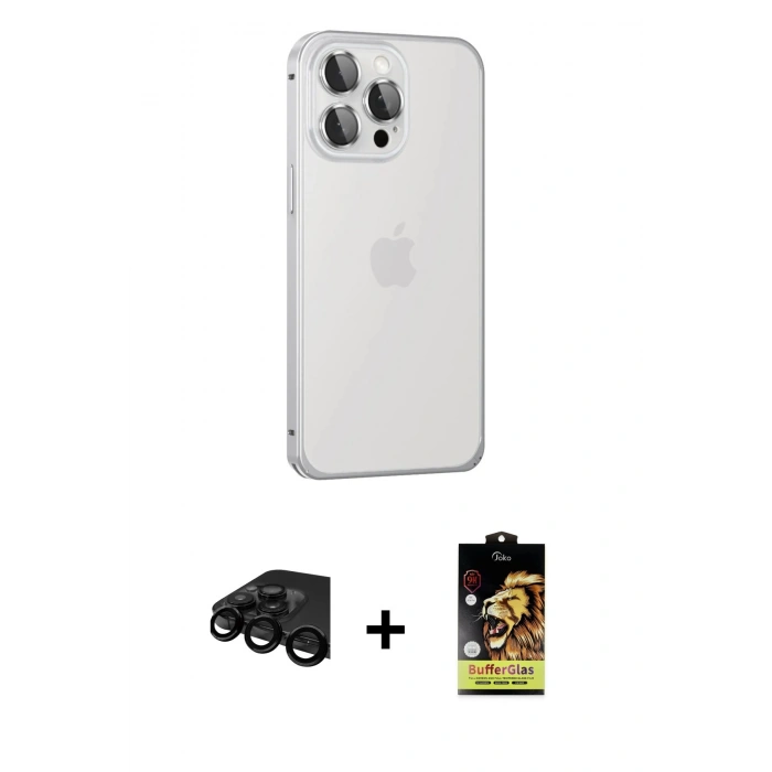 MARSİLYAN™- iPhone 15 Pro Max Kılıf Eksen Form Serisi - Siyah Buffer Cam Ekran Koruyucu + Raze Metal Kamera Lens - SH