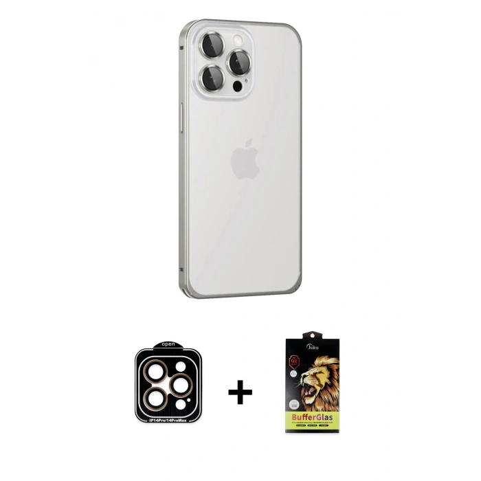 MARSİLYAN™- iPhone 15 Pro Max Kılıf Eksen Form Serisi - Siyah Buffer Cam Ekran Koruyucu + PVD Metal Kamera Lens - TU
