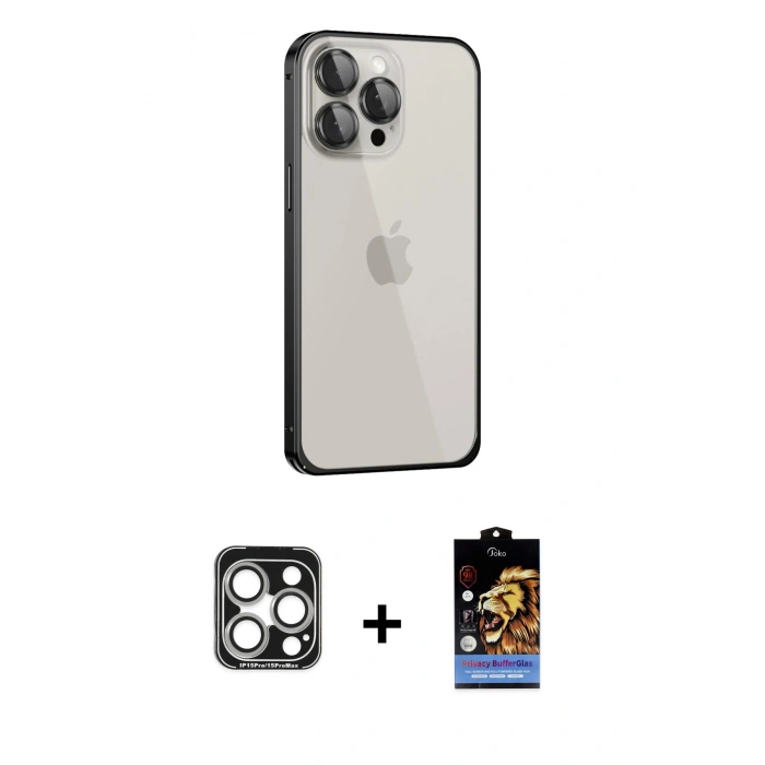 MARSİLYAN™- iPhone 15 Pro Max Kılıf Eksen Form Serisi - Siyah Buffer Hayalet Cam Ekran Koruyucu + PVD Metal Kamera Lens - GS