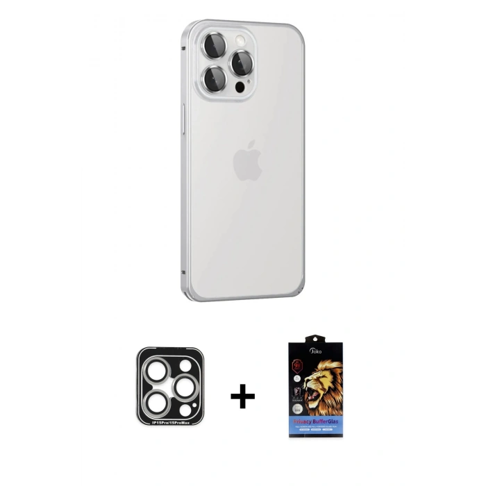 MARSİLYAN™- iPhone 15 Pro Max Kılıf Eksen Form Serisi - Siyah Buffer Hayalet Cam Ekran Koruyucu + PVD Metal Kamera Lens - GS