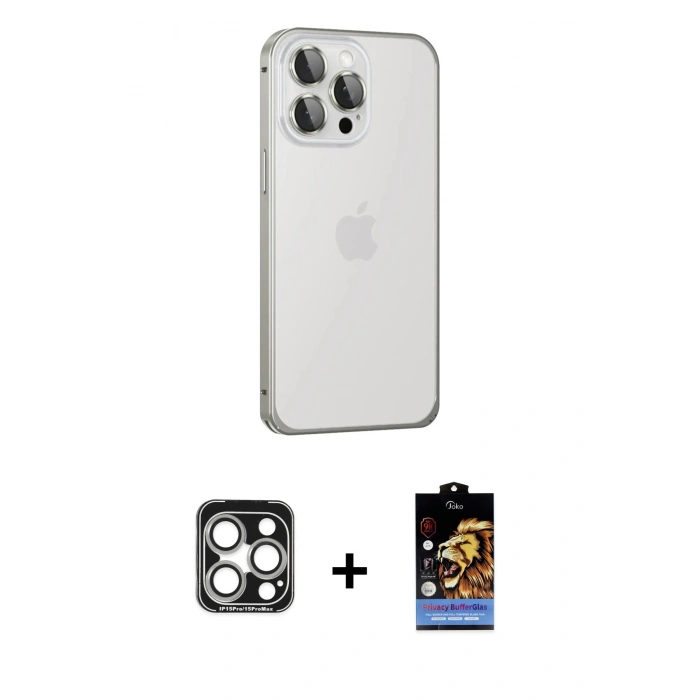MARSİLYAN™- iPhone 15 Pro Max Kılıf Eksen Form Serisi - Siyah Buffer Hayalet Cam Ekran Koruyucu + PVD Metal Kamera Lens - GS
