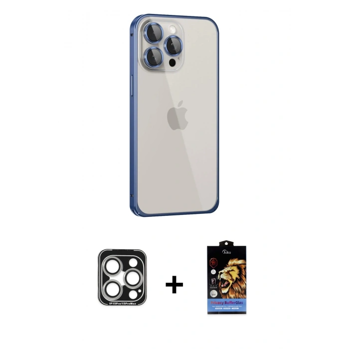 MARSİLYAN™- iPhone 15 Pro Max Kılıf Eksen Form Serisi - Siyah Buffer Hayalet Cam Ekran Koruyucu + PVD Metal Kamera Lens - GS