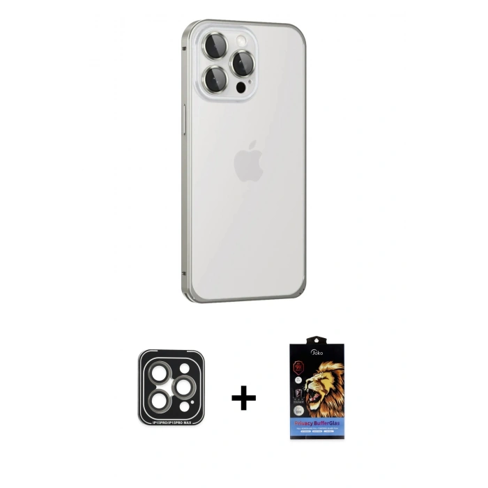 MARSİLYAN™- iPhone 15 Pro Max Kılıf Eksen Form Serisi - Siyah Buffer Hayalet Cam Ekran Koruyucu + PVD Metal Kamera Lens - GI