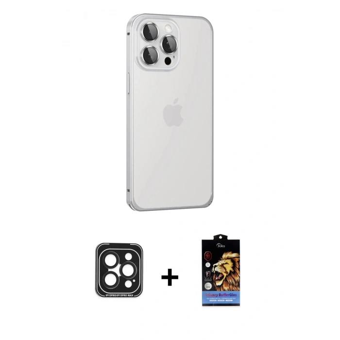 MARSİLYAN™- iPhone 15 Pro Max Kılıf Eksen Form Serisi - Siyah Buffer Hayalet Cam Ekran Koruyucu + PVD Metal Kamera Lens - SH