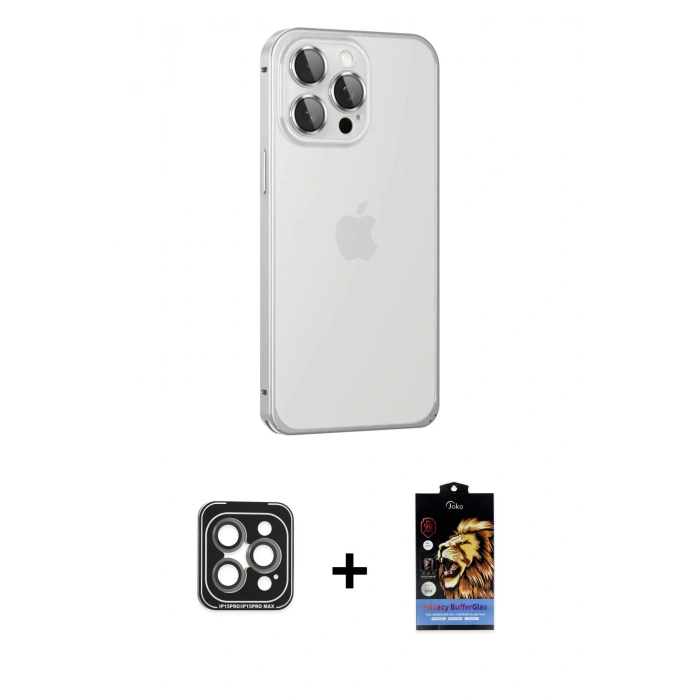 MARSİLYAN™- iPhone 15 Pro Max Kılıf Eksen Form Serisi - Siyah Buffer Hayalet Cam Ekran Koruyucu + PVD Metal Kamera Lens - GI