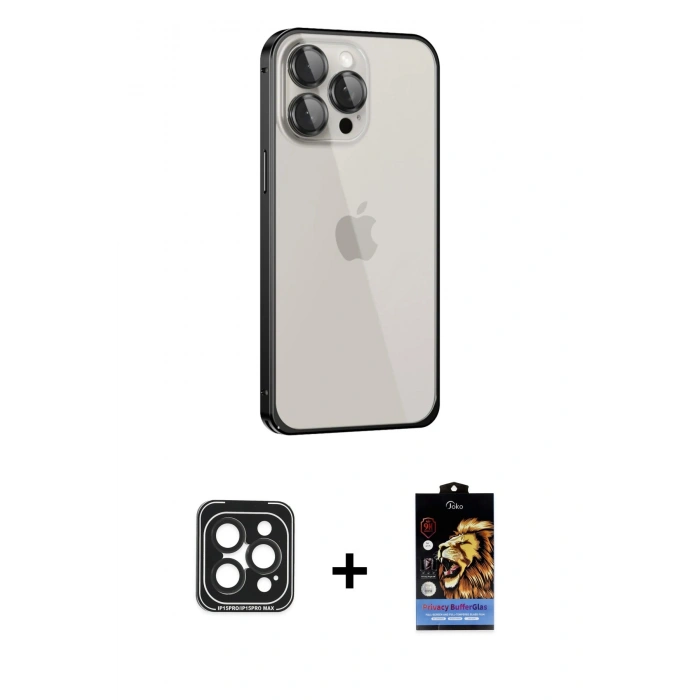 MARSİLYAN™- iPhone 15 Pro Max Kılıf Eksen Form Serisi - Siyah Buffer Hayalet Cam Ekran Koruyucu + PVD Metal Kamera Lens - SH