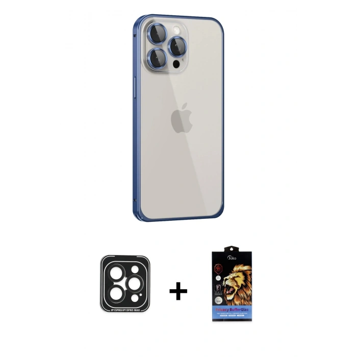 MARSİLYAN™- iPhone 15 Pro Max Kılıf Eksen Form Serisi - Siyah Buffer Hayalet Cam Ekran Koruyucu + PVD Metal Kamera Lens - SH