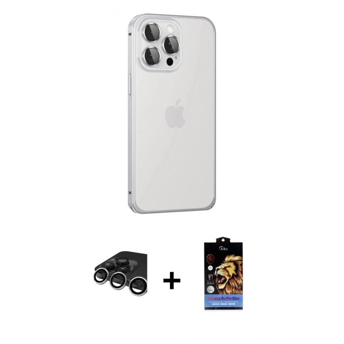 MARSİLYAN™- iPhone 15 Pro Max Kılıf Eksen Form Serisi - Siyah Buffer Hayalet Cam Ekran Koruyucu + Raze Metal Kamera Lens - GS