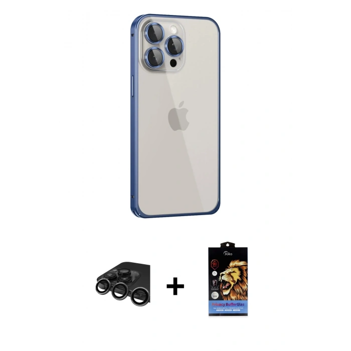 MARSİLYAN™- iPhone 15 Pro Max Kılıf Eksen Form Serisi - Siyah Buffer Hayalet Cam Ekran Koruyucu + Raze Metal Kamera Lens - TMGI