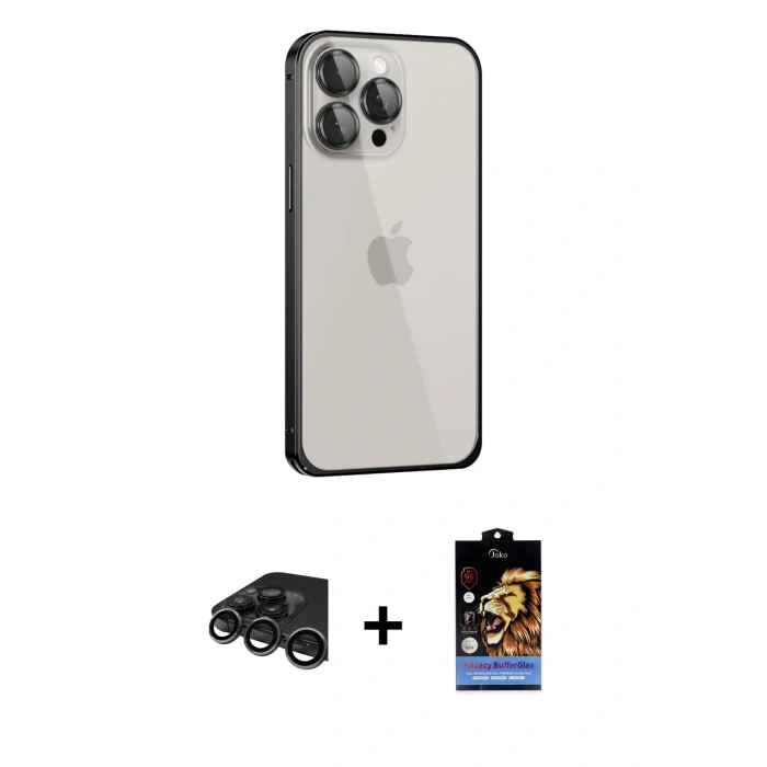 MARSİLYAN™- iPhone 15 Pro Max Kılıf Eksen Form Serisi - Siyah Buffer Hayalet Cam Ekran Koruyucu + Raze Metal Kamera Lens - TMGI