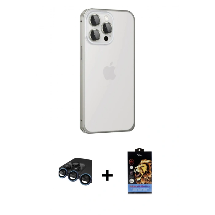 MARSİLYAN™- iPhone 15 Pro Max Kılıf Eksen Form Serisi - Siyah Buffer Hayalet Cam Ekran Koruyucu + Raze Metal Kamera Lens - LT