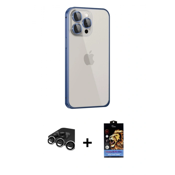 MARSİLYAN™- iPhone 15 Pro Max Kılıf Eksen Form Serisi - Siyah Buffer Hayalet Cam Ekran Koruyucu + Raze Metal Kamera Lens - GS