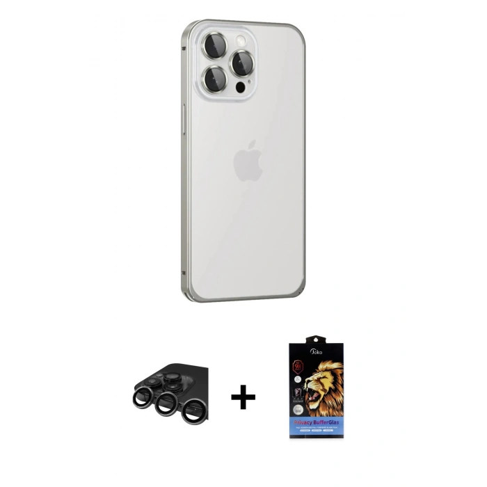 MARSİLYAN™- iPhone 15 Pro Max Kılıf Eksen Form Serisi - Siyah Buffer Hayalet Cam Ekran Koruyucu + Raze Metal Kamera Lens - TMGI