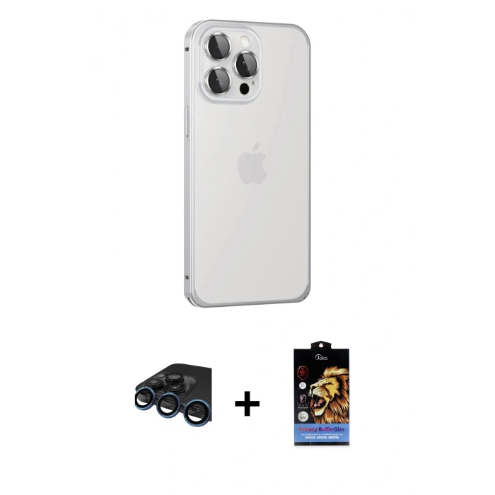MARSİLYAN™- iPhone 15 Pro Max Kılıf Eksen Form Serisi - Siyah Buffer Hayalet Cam Ekran Koruyucu + Raze Metal Kamera Lens - LT
