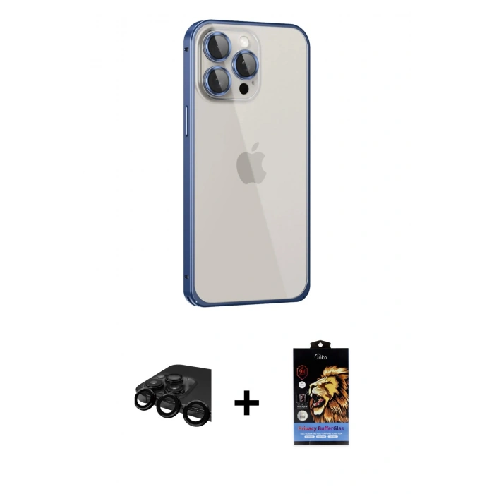 MARSİLYAN™- iPhone 15 Pro Max Kılıf Eksen Form Serisi - Siyah Buffer Hayalet Cam Ekran Koruyucu + Raze Metal Kamera Lens - SH