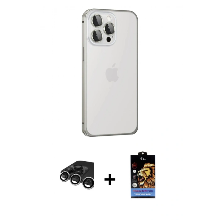 MARSİLYAN™- iPhone 15 Pro Max Kılıf Eksen Form Serisi - Siyah Buffer Hayalet Cam Ekran Koruyucu + Raze Metal Kamera Lens - GS
