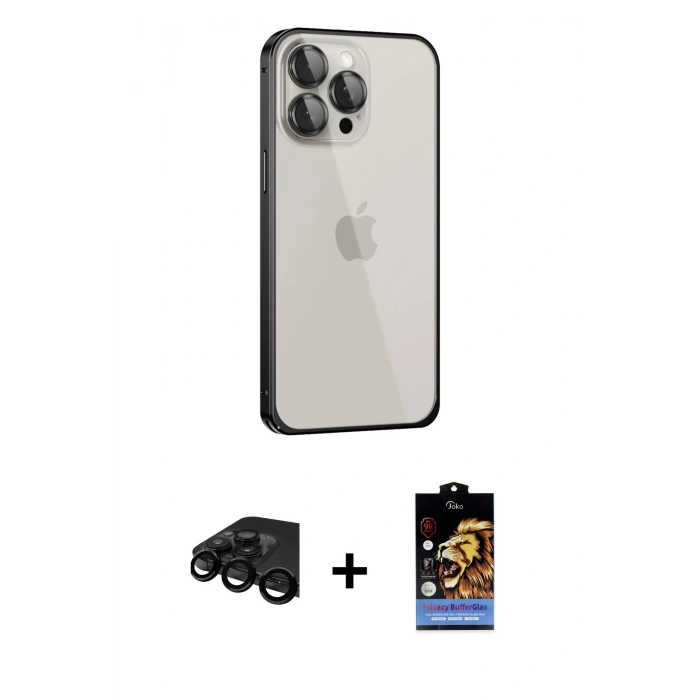 MARSİLYAN™- iPhone 15 Pro Max Kılıf Eksen Form Serisi - Siyah Buffer Hayalet Cam Ekran Koruyucu + Raze Metal Kamera Lens - SH