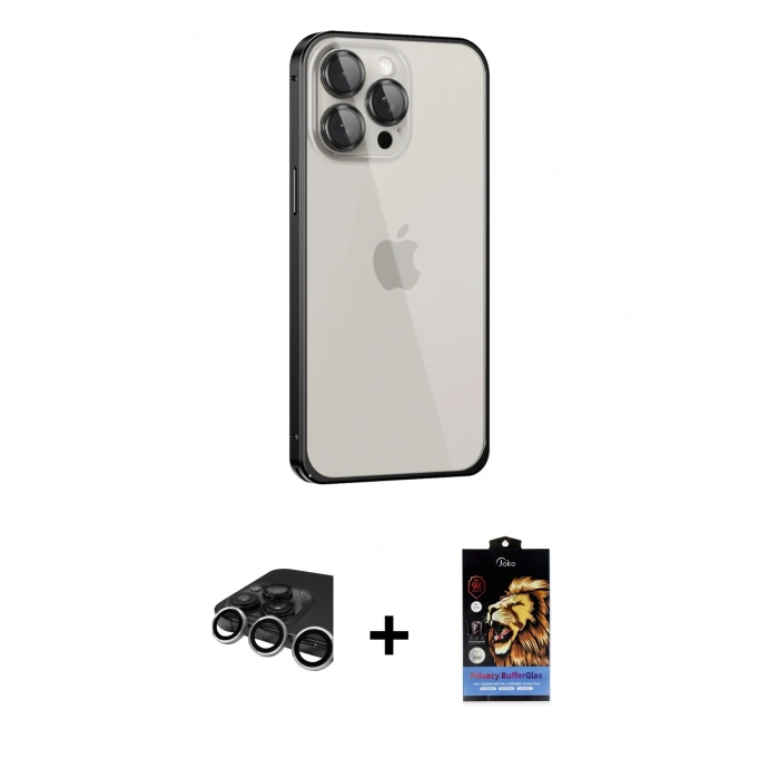 MARSİLYAN™- iPhone 15 Pro Max Kılıf Eksen Form Serisi - Siyah Buffer Hayalet Cam Ekran Koruyucu + Raze Metal Kamera Lens - GS