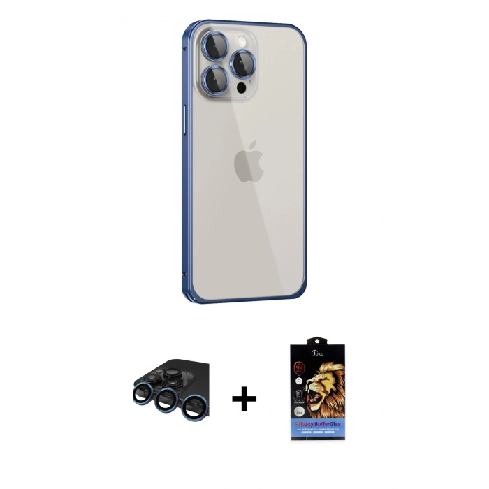 MARSİLYAN™- iPhone 15 Pro Max Kılıf Eksen Form Serisi - Siyah Buffer Hayalet Cam Ekran Koruyucu + Raze Metal Kamera Lens - LT