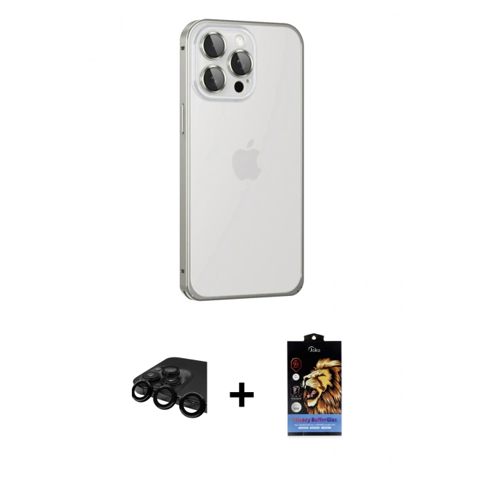 MARSİLYAN™- iPhone 15 Pro Max Kılıf Eksen Form Serisi - Siyah Buffer Hayalet Cam Ekran Koruyucu + Raze Metal Kamera Lens - SH