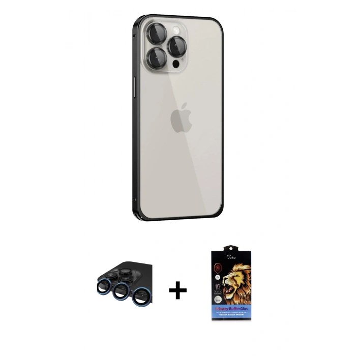 MARSİLYAN™- iPhone 15 Pro Max Kılıf Eksen Form Serisi - Siyah Buffer Hayalet Cam Ekran Koruyucu + Raze Metal Kamera Lens - LT