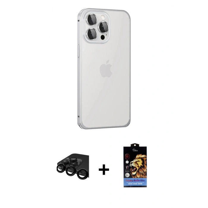 MARSİLYAN™- iPhone 15 Pro Max Kılıf Eksen Form Serisi - Siyah Buffer Hayalet Cam Ekran Koruyucu + Raze Metal Kamera Lens - SH