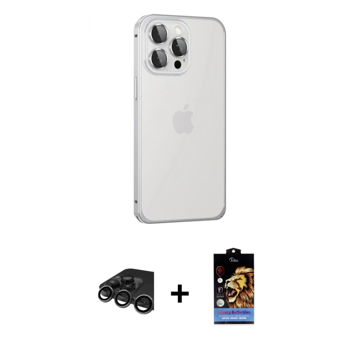MARSİLYAN™- iPhone 15 Pro Max Kılıf Eksen Form Serisi - Siyah Buffer Hayalet Cam Ekran Koruyucu + Raze Metal Kamera Lens - TMGI