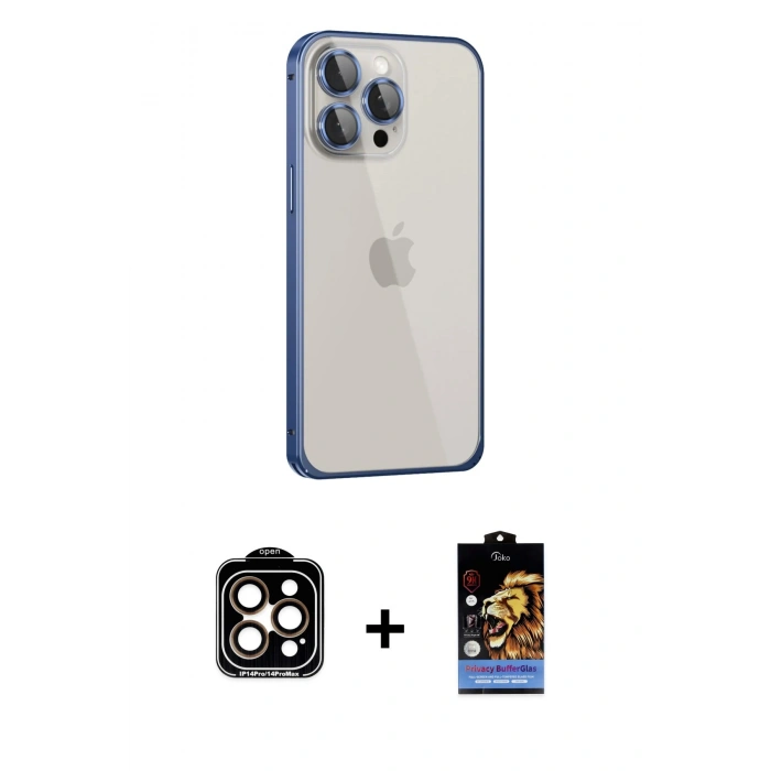 MARSİLYAN™- iPhone 15 Pro Max Kılıf Eksen Form Serisi - Siyah Buffer Hayalet Cam Ekran Koruyucu + PVD Metal Kamera Lens - TU