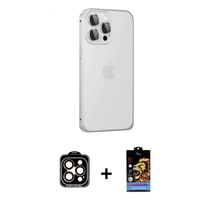 MARSİLYAN™- iPhone 15 Pro Max Kılıf Eksen Form Serisi - Siyah Buffer Hayalet Cam Ekran Koruyucu + PVD Metal Kamera Lens - TU