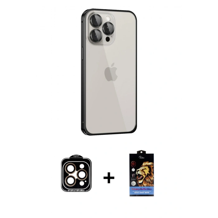 MARSİLYAN™- iPhone 15 Pro Max Kılıf Eksen Form Serisi - Siyah Buffer Hayalet Cam Ekran Koruyucu + PVD Metal Kamera Lens - TU
