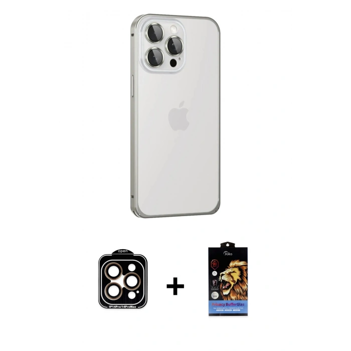 MARSİLYAN™- iPhone 15 Pro Max Kılıf Eksen Form Serisi - Siyah Buffer Hayalet Cam Ekran Koruyucu + PVD Metal Kamera Lens - TU
