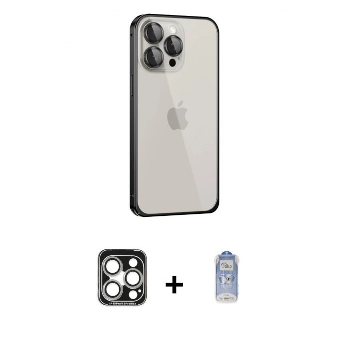 MARSİLYAN™- iPhone 15 Pro Max Kılıf Eksen Form Serisi - Siyah Joko Magic 5D Cam + PVD Metal Kamera Lens - GS