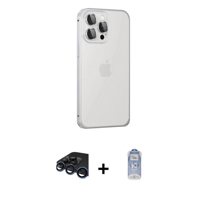 MARSİLYAN™- iPhone 15 Pro Max Kılıf Eksen Form Serisi - Siyah Joko Magic 5D Cam + Lacivert Raze Metal Kamera Lens