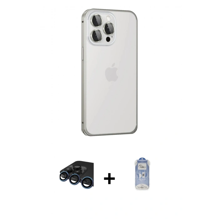 MARSİLYAN™- iPhone 15 Pro Max Kılıf Eksen Form Serisi - Siyah Joko Magic 5D Cam + Lacivert Raze Metal Kamera Lens