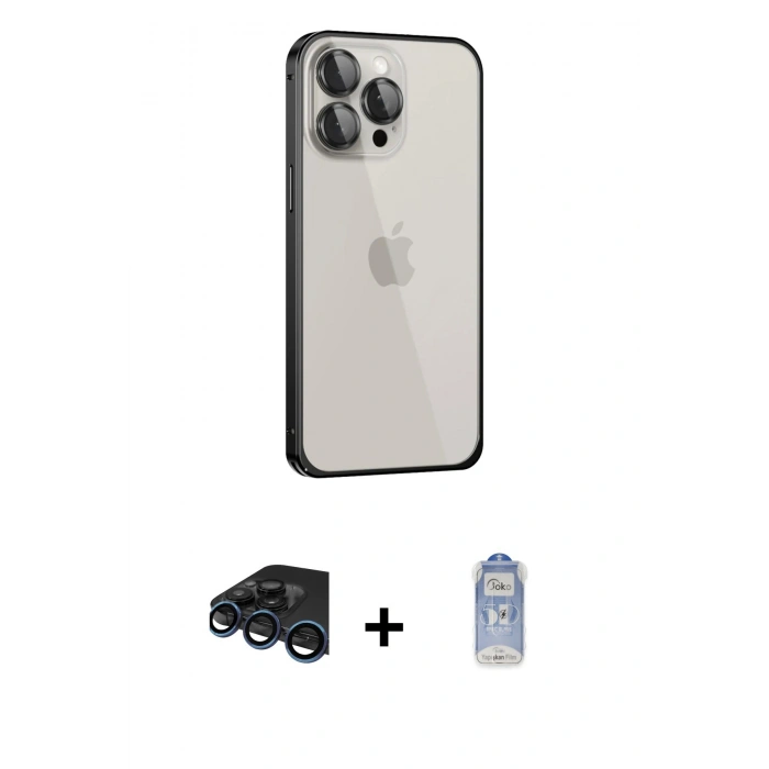 MARSİLYAN™- iPhone 15 Pro Max Kılıf Eksen Form Serisi - Siyah Joko Magic 5D Cam + Lacivert Raze Metal Kamera Lens