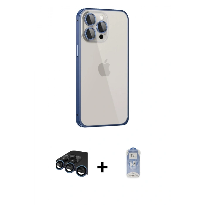 MARSİLYAN™- iPhone 15 Pro Max Kılıf Eksen Form Serisi - Siyah Joko Magic 5D Cam + Lacivert Raze Metal Kamera Lens