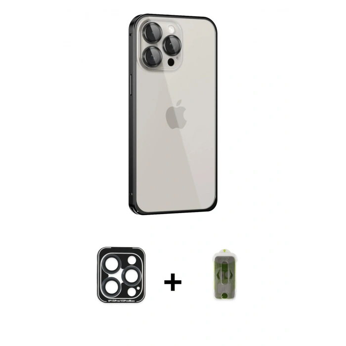 MARSİLYAN™- iPhone 15 Pro Max Kılıf Eksen Form Serisi - Siyah Joko Magic 5D Hayalet Cam + PVD Metal Kamera Lens - LT