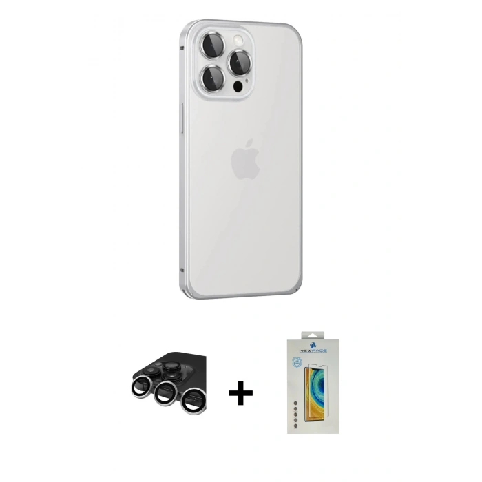 MARSİLYAN™- iPhone 15 Pro Max Kılıf Eksen Form Serisi - Siyah Polymer Nano Ekran Koruyucu + Raze Metal Kamera Lens - GS