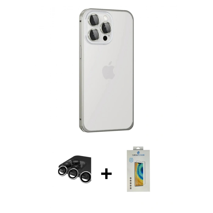 MARSİLYAN™- iPhone 15 Pro Max Kılıf Eksen Form Serisi - Siyah Polymer Nano Ekran Koruyucu + Raze Metal Kamera Lens - GS