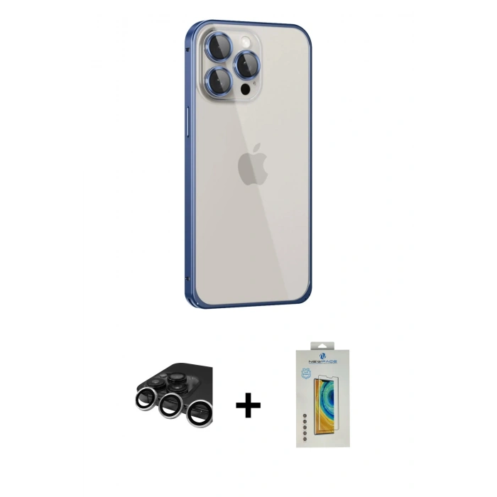 MARSİLYAN™- iPhone 15 Pro Max Kılıf Eksen Form Serisi - Siyah Polymer Nano Ekran Koruyucu + Raze Metal Kamera Lens - GS