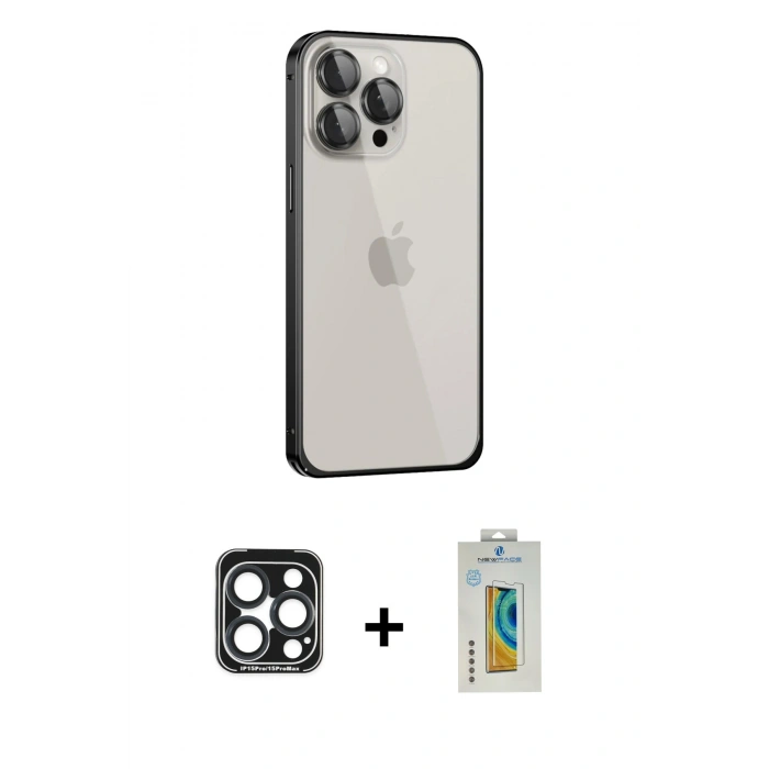 MARSİLYAN™- iPhone 15 Pro Max Kılıf Eksen Form Serisi - Siyah Polymer Nano Ekran Koruyucu + PVD Metal Kamera Lens - LT