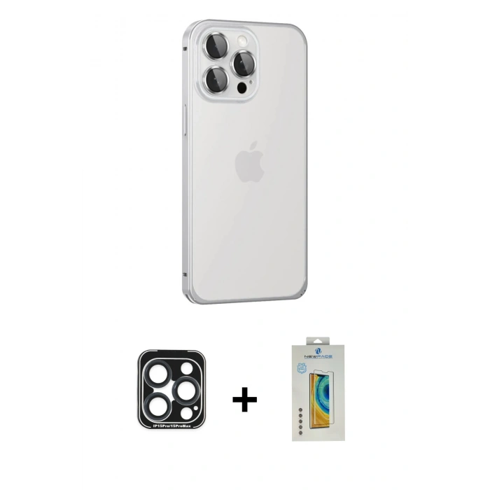 MARSİLYAN™- iPhone 15 Pro Max Kılıf Eksen Form Serisi - Siyah Polymer Nano Ekran Koruyucu + PVD Metal Kamera Lens - LT