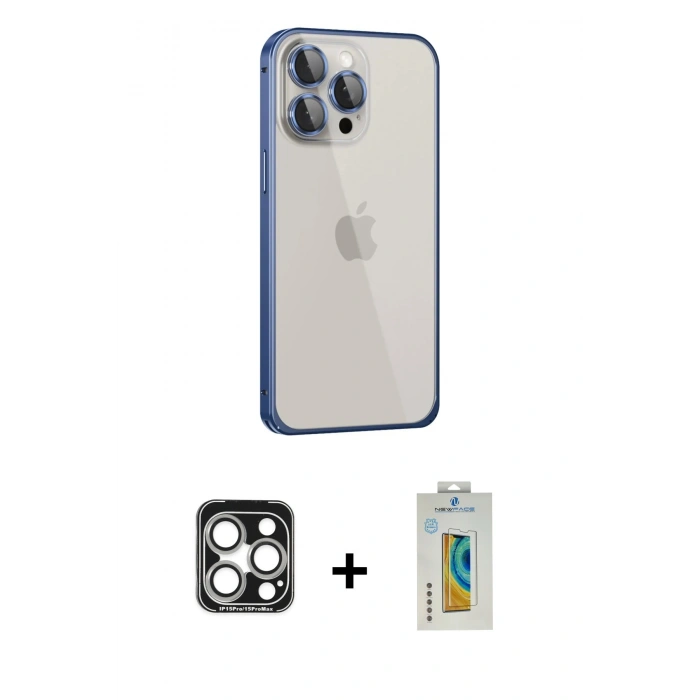 MARSİLYAN™- iPhone 15 Pro Max Kılıf Eksen Form Serisi - Siyah Polymer Nano Ekran Koruyucu + PVD Metal Kamera Lens - GS