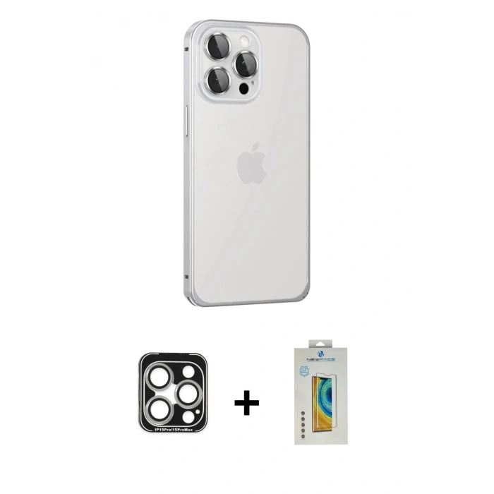 MARSİLYAN™- iPhone 15 Pro Max Kılıf Eksen Form Serisi - Siyah Polymer Nano Ekran Koruyucu + PVD Metal Kamera Lens - GS