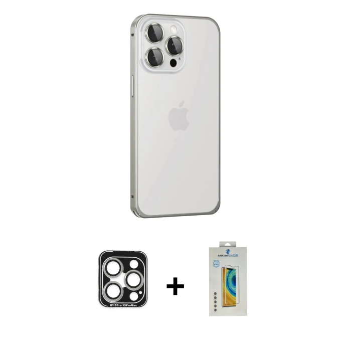 MARSİLYAN™- iPhone 15 Pro Max Kılıf Eksen Form Serisi - Siyah Polymer Nano Ekran Koruyucu + PVD Metal Kamera Lens - GS