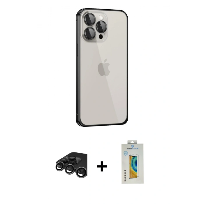 MARSİLYAN™- iPhone 15 Pro Max Kılıf Eksen Form Serisi - Siyah Polymer Nano Ekran Koruyucu + Titanyum Gri Raze Metal Kamera Lens