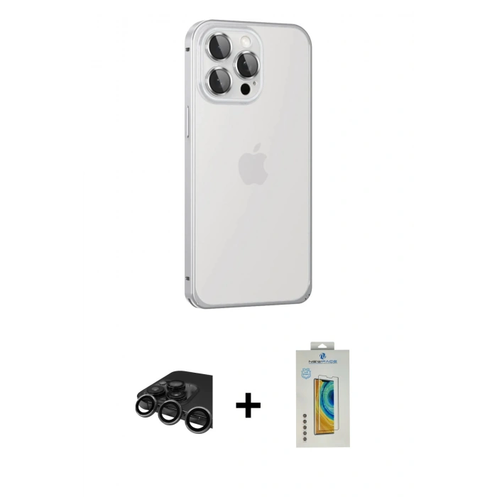MARSİLYAN™- iPhone 15 Pro Max Kılıf Eksen Form Serisi - Siyah Polymer Nano Ekran Koruyucu + Titanyum Gri Raze Metal Kamera Lens