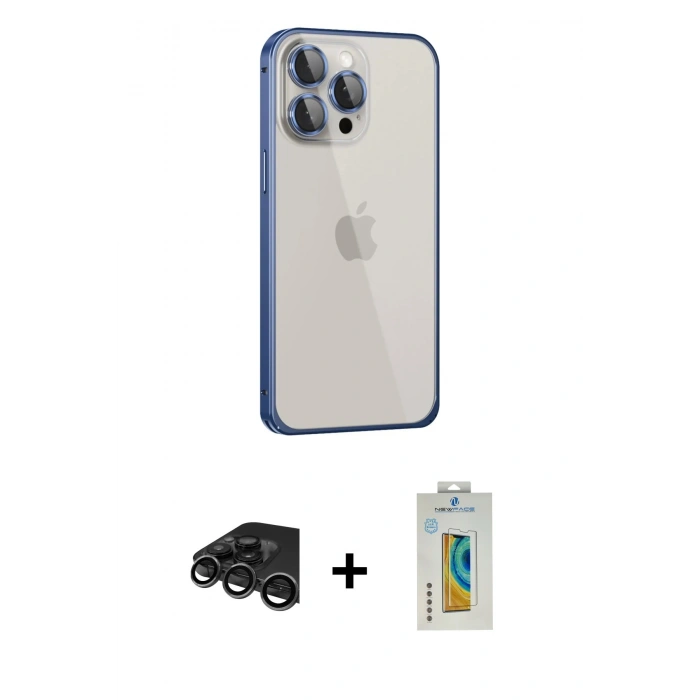 MARSİLYAN™- iPhone 15 Pro Max Kılıf Eksen Form Serisi - Siyah Polymer Nano Ekran Koruyucu + Titanyum Gri Raze Metal Kamera Lens