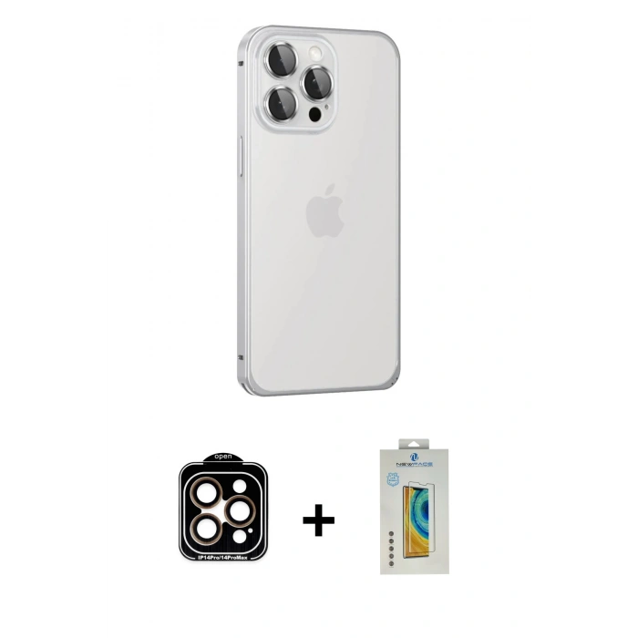 MARSİLYAN™- iPhone 15 Pro Max Kılıf Eksen Form Serisi - Siyah Polymer Nano Ekran Koruyucu + PVD Metal Kamera Lens - TU